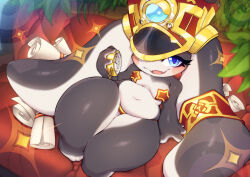 1girl :3 belly blue_eyes blush breasts conductor couch curvy furry gofa highres honkai_(series) looking_at_viewer navel one_eye_covered open_mouth panties pasties plant pocket_watch pom-pom_(honkai:_star_rail) rabbit rabbit_ears rabbit_girl sitting small_breasts smile solo sparkle star_(symbol) star_pasties stomach thick_thighs thighs underwear very_long_ears watch wide_hips