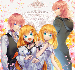 black_coat black_coat_(kingdom_hearts) blue_eyes brother_and_sister brown_hair chirithy coat dress dual_persona flower hand_on_another&#039;s_head highres kingdom_hearts kingdom_hearts_iv kingdom_hearts_x lauriam locked_arms looking_at_another looking_at_viewer maimai_melc marluxia pink_hair siblings smile strelitzia_(kingdom_hearts)