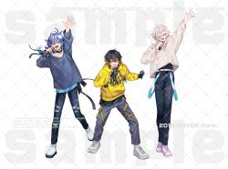 3boys :d alternate_costume antenna_hair aqua_belt aqua_hair arm_up belt belt_buckle black_choker black_gloves black_hair black_ribbon black_shirt black_shoes black_undershirt blonde_hair blue_eyes blue_pants blue_shirt buckle choker copyright_notice crew_neck crossed_bangs curtained_hair denim drawstring earrings full_body gloves hair_between_eyes hair_over_one_eye hair_ribbon highres hitodama holding holding_microphone holostars hood hood_down hoodie jeans jewelry legs_apart legs_together lineup long_hair long_sleeves looking_at_viewer low-tied_long_hair male_focus medium_hair microphone minase_rio multicolored_hair multiple_boys music naruta_iyo official_art open_mouth pants pink_hair pink_shoes print_hoodie print_shirt purple_hair ribbon sample_watermark shirt shoes short_hair singing smile sneakers sparkle_print standing standing_on_one_leg streaked_hair sweat thigh_strap torn_clothes torn_jeans torn_pants uproar_(holostars) utsugi_uyu virtual_youtuber waist_ribbon watermark watermark_grid white_background white_belt white_hair white_shirt white_shoes yatogami_fuma yellow_belt yellow_eyes yellow_hoodie