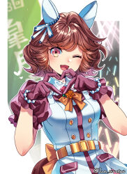 1girl animal_ears belt blurry blurry_background blush breasts brown_eyes brown_hair commentary_request hair_between_eyes hair_ornament haiseiko_(umamusume) heart heart_hands highres horse_ears horse_girl kei_(nvew8238) looking_at_viewer one_eye_closed open_mouth ribbon solo stage twitter_username umamusume