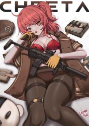 1girl absurdres ahoge animal_bag artist_name bag beret black_pantyhose bra breasts brown_jacket caiman_pool candy character_name cheeta_(girls&#039;_frontline_2) commentary english_commentary food food_in_mouth girls&#039;_frontline girls&#039;_frontline_2:_exilium gloves gun h&amp;k_mp7 hair_ornament hat highres holding holding_candy holding_food holding_gun holding_lollipop holding_weapon jacket lollipop looking_at_viewer lying medium_hair mp7_(girls&#039;_frontline) on_back on_floor one_side_up open_clothes open_jacket open_mouth orange_eyes panties panties_under_pantyhose pantyhose red_bra red_hair red_panties solo submachine_gun underwear unworn_headwear weapon yellow_gloves