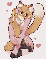 1girl absurdres animal_ears barefoot flower fox_ears fox_girl fox_tail full_body furry furry_female hair_flower hair_ornament headhonchkrow heart hibiscus highres hugging_own_legs looking_to_the_side original pink_shirt red_hair shirt short_hair solo tail