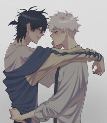 Rule 34 | 2boys, arm on another&#039;s shoulder, black hair, black shirt, blue jacket, blush, cheng xiaoshi, closed eyes, closed mouth, collared shirt, face-to-face, from side, grey background, hand on another&#039;s face, hand on another&#039;s waist, highres, hug, jacket, jacket partially removed, long sleeves, looking at another, looking at viewer, lu guang, male focus, messy hair, multicolored jacket, multiple boys, off shoulder, open clothes, pants, ponytail, profile, sakurabon386, shiguang dailiren, shirt, short hair, short ponytail, simple background, smile, upper body, white background, white hair, white shirt, yaoi