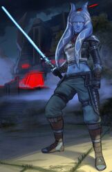 Rule 34 | 1girl, absurdres, alien, blue eyes, blue lightsaber, blue pants, blue skin, boots, brown footwear, colored skin, energy sword, fallingmist, highres, holding, holding sword, holding weapon, lekku (anatomy), lightsaber, midriff, navel, pants, standing, star wars, star wars: the old republic, sword, togruta, weapon