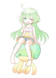 1girl ahoge bare_shoulders barefoot dress emil_chronicle_online frilled_dress frills frr_(akf-hs) green_eyes green_hair highres jellyfish one_eye_closed pants poison_gel_alma riding sleepy white_background yawning