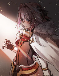 1boy absurdres arm_guards armor armored_gloves astolfo_(fate) black_bow bow cloak crossdressing emblem fate/apocrypha fate/grand_order fate_(series) fur_trim hair_bow hair_intakes highres multicolored_hair pink_hair purple_eyes shaded_face solo solo_focus streaked_hair sunlight ten_no_hoshi trap white_hair