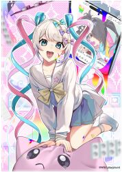 2girls ame-chan_(needy_girl_overdose) aqua_eyes aqua_hair black_hair blister_pack blonde_hair blurry bow camomile_teatea chouzetsusaikawa_tenshi-chan copyright_notice depth_of_field drugs hair_bow highres looking_at_viewer multicolored_hair multicolored_nails multiple_girls needy_girl_overdose open_mouth pill pill_in_mouth pink_hair platform_shoes quad_tails school_uniform tongue tongue_out twintails