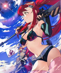 1girl 2boys black_gloves black_shorts blue_sky boota_(ttgl) breasts cesar_art456 fingerless_gloves gloves gun highres kamina_(ttgl) long_hair multiple_boys orange_eyes red_hair rifle short_shorts shorts simon_(ttgl) sky smile sun tengen_toppa_gurren_lagann thighs very_long_hair weapon yoko_littner