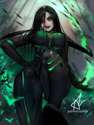 1girl arialla_draws black_hair bodysuit breasts cape green_eyes green_light green_lines hela_(marvel) highres large_breasts long_hair long_sleeves looking_at_viewer marvel marvel_cinematic_universe marvel_rivals smile solo thor:_ragnarok very_long_cape