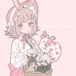 1girl 2boys :o animal_ears basket bow collared_shirt danganronpa_(series) danganronpa_2:_goodbye_despair dress_shirt ear_bow flipped_hair galaga green_jacket green_necktie hair_ornament hands_up hinata_hajime holding holding_basket jacket komaeda_nagito komanami_kawaii long_sleeves medium_hair monomi_(danganronpa) multiple_boys nanami_chiaki neck_ribbon necktie pink_eyes pink_ribbon rabbit_ears rabbit_girl ribbon shirt simple_background spaceship_hair_ornament white_shirt