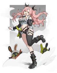 1girl absurdres bangboo_(zenless_zone_zero) black_boots black_ribbon black_shorts black_thighhighs boots breasts cleavage denim denim_shorts detached_collar detached_sleeves full_body green_eyes grey_background hair_ribbon highres kushige_musume large_breasts leg_up long_hair looking_at_viewer midriff mole mole_on_breast mole_under_eye navel nicole_demara open_mouth pink_hair ribbon shirt short_shorts shorts simple_background single_thighhigh smile solo standing t-shirt thighhighs torn_clothes torn_thighhighs twintails v very_long_hair white_background zenless_zone_zero