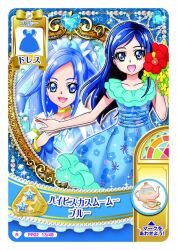 2girls artist_request bare_arms bare_shoulders blue_background blue_bow blue_bowtie blue_dress blue_eyes blue_hair blue_theme blue_tiara border bow bowtie bracelet card_(medium) casual choker collarbone commentary_request cup cure_diamond different_reflection dokidoki!_precure dot_nose dress dual_persona eyelashes fashion feather-trimmed_sleeves floral_print flower forehead frilled_dress frills hand_on_own_chest hibiscus high_ponytail highres hishikawa_rikka holding holding_flower jewelry light_blush light_particles long_hair looking_at_viewer mirror multiple_girls official_alternate_costume official_art open_mouth outline outstretched_arm pleated_dress ponytail precure puffy_short_sleeves puffy_sleeves red_flower reflection saucer second-party_source short_dress short_sleeves sidelocks smile sparkle star_(symbol) swept_bangs tea teacup teapot tiara translation_request white_border white_outline white_sleeves yellow_choker