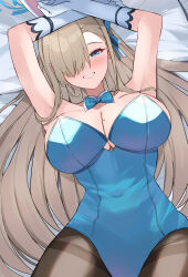 1girl animal_ears asuna_(blue_archive) asuna_(bunny)_(blue_archive) bare_shoulders blonde_hair blue_archive blue_bow blue_bowtie blue_eyes blue_halo blue_leotard blush bow bowtie breasts cleavage covered_navel detached_collar fake_animal_ears gloves hair_over_one_eye halo highres large_breasts leotard long_hair looking_at_viewer lying mi_taro333 mole mole_on_breast pantyhose rabbit_ears smile solo strapless strapless_leotard thighband_pantyhose very_long_hair white_gloves