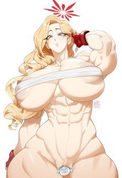 Rule 34 | 1girl, abs, absurdres, akemi (blue archive), areola slip, armpits, arms behind head, artist name, bare arms, bare shoulders, biceps, blue archive, breasts, censored, character censor, chest sarashi, cleavage, closed mouth, collarbone, covered erect nipples, curvy, delinquent, doodle sensei (blue archive), female pubic hair, fingerless gloves, fluffy hair, gloves, halo, hands in hair, highres, huge breasts, lips, long hair, looking at viewer, ming liu, mole, mole under eye, muscular, muscular female, navel, novelty censor, nude, pubic hair, red gloves, red halo, sarashi, sensei (blue archive), simple background, solo, white background, wide hips