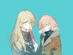 2girls aqua_background blonde_hair brown_hair coat hair_between_eyes holding long_hair misaka_mikoto multiple_girls orange_eyes qyzhiaiyisheng shokuhou_misaki short_hair siblings simple_background sisters smile toaru_majutsu_no_index turtleneck upper_body