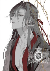 Rule 34 | 1boy, anaprico, bishounen, black hair, black hanfu, chest tattoo, chinese clothes, coat, collarbone, grey coat, grey eyes, hair between eyes, hair down, hair ribbon, half updo, hanfu, highres, limited palette, long hair, looking at viewer, male focus, modao zushi, official alternate costume, official alternate hairstyle, parted lips, red ribbon, red trim, ribbon, robe, simple background, solo, spot color, tattoo, twitter username, upper body, watermark, wei wuxian, wei wuxian (yiling laozu), white background