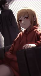 1boy 1girl absurdres black_coat window_blinds blonde_hair chainsaw_man closed_mouth coat couch expressionless hand_in_pocket highres hood hooded_jacket indoors jacket katana_man_(chainsaw_man) looking_at_viewer red_jacket sawatari_akane_(chainsaw_man) short_hair sitting slit_pupils standing tare_negima window