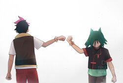 Rule 34 | 2boys, black hair, black jacket, bracelet, brown vest, clenched hands, closed mouth, commentary request, fist bump, green hair, green shirt, jacket, jewelry, male focus, multicolored hair, multiple boys, nintendo, pants, pink hair, pokemon, pokemon (anime), pokemon horizons, red pants, rei hinketsu, roy (pokemon), shirt, short sleeves, twitter username, two-tone hair, ult (pokemon), vest, watermark, white background