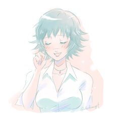 Rule 34 | 1girl, allie (united f), artist name, black hair, closed eyes, devil may cry, devil may cry (series), devil may cry 3, jewelry, lady (devil may cry), necklace, parted lips, scar, scar on face, scar on nose, shirt, short hair, smile, white shirt