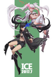 2017 2girls absurdres asymmetrical_legwear belt bikini black_&amp;_white black_bikini black_hair blue_eyes boots boots breasts cape chain floating floating_hair full_body glowing glowing_eye green_background high_heels highres ice_in_armour jacket lips long_hair medium_breasts multiple_girls navel original red_eyes serious shorts simple_background smile swimsuit twintails white_hair