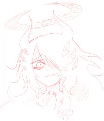 Rule 34 | 1girl, bags under eyes, cropped torso, demon girl, demon horns, funamusea, gallaxi, hair over one eye, halo, hand on own chest, higan (funamusea), horns, long hair, monochrome, open mouth, red theme, ribbon, sketch, slit pupils, smirk, solo, white background