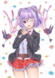 1girl bat_(animal) confetti demon_girl double_bun familiar frilled_skirt frills hair_bun highres iris_mysteria! matsu520 miniskirt one_eye_closed open_mouth party_popper pointy_ears purple_hair red_eyes skirt standing valeria_ristie_de_serbanescu vampire