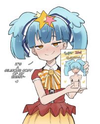 1boy aqua_hair bikini blush bow bowtie english_text flat_chest hair_between_eyes highres hoshikawa_lily idol medium_hair micro_bikini package simple_background skirt smile smirk smug swimsuit trap twintails white_background yellow_eyes zlix0n zombie_land_saga