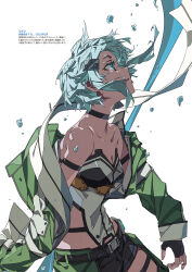 Rule 34 | 1girl, air bubble, aqua hair, bare shoulders, black choker, blue eyes, breasts, bubble, bunbun, chinese text, choker, cleavage, collarbone, cowboy shot, earrings, fingerless gloves, floating hair, gloves, green jacket, hair ornament, hairclip, highres, hip armor, jacket, jewelry, ligne claire, looking up, medium breasts, open mouth, profile, short hair, short hair with long locks, short shorts, shorts, sidelocks, simple background, sinon, solo, stud earrings, sword art online, white background