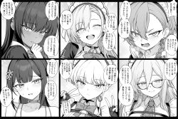 6+girls akane_(blue_archive) asuna_(blue_archive) bare_shoulders blue_archive blush bow bowtie braid choker closed_eyes closed_mouth dark-skinned_female dark_skin double_v earrings expressionless fingerless_gloves flower glasses gloves greyscale hair_between_eyes hair_flower hair_ornament highres jacket jewelry karin_(blue_archive) long_hair maid maid_headdress monochrome multiple_girls necktie neru_(blue_archive) open_mouth shirt sidelocks single_braid smile stud_earrings sumire_(blue_archive) teeth toki_(blue_archive) translation_request upper_teeth_only v zhong_zi_sheliu
