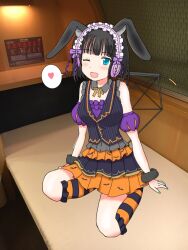 1girl black_hair halloween_costume highres nail_polish one_eye_closed orange_skirt ouji_shigure skirt station_memories wink