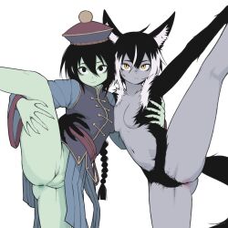 2girls animal_ears anus arm_around_waist black_eyes black_hair braid braided_ponytail breasts chinese_clothes colored_skin commentary completely_nude dual_persona empty_eyes expressionless fox_ears fox_girl fox_tail frown furry furry_female green_skin grey_skin hat highres jiangshi long_hair medium_hair multicolored_hair multiple_girls navel no_nipples no_panties nude original pussy qingdai_guanmao single_braid slit_pupils small_breasts split standing standing_on_one_leg standing_split tail two-tone_hair variant_set very_long_hair white_hair yblndr yellow_eyes