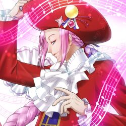 1boy ascot asebi_hikaru blue_eyes braid classicaloid closed_mouth commentary_request hat hat_ornament jacket long_hair long_sleeves looking_at_viewer male_focus musical_note musical_staff pink_hair red_hat red_jacket very_long_hair white_ascot wolfgang_amadeus_mozart_(classicaloid)