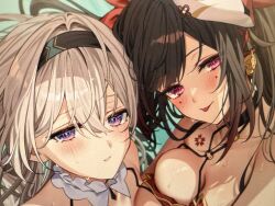 Rule 34 | 2girls, black choker, black hairband, blue pupils, blush, breasts, breasts squeezed together, choker, collar, firefly (honkai: star rail), flower tattoo, fox mask, gradient eyes, grey hair, hair between eyes, hair intakes, hairband, highres, hizuki higure, honkai: star rail, honkai (series), large breasts, mark under both eyes, mask, mask on head, multicolored eyes, multiple girls, open mouth, pink eyes, sparkle (honkai: star rail), sweat, sweatdrop, tattoo, teeth, tongue, tongue out, white collar