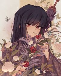 absurdres black_hair brown_kimono bug butterfly cheromo159 floral_print floral_print_kimono flower folded_umbrella highres hime_cut ikebana insect japanese_clothes kimono limbus_company long_hair looking_at_viewer parasol plant print_kimono project_moon red_eyes ryoshu_(project_moon) smoking straight_hair umbrella