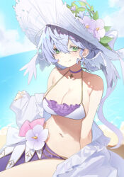 1girl bare_shoulders bikini blue_hair breasts earrings hair_between_eyes hat highres honkai:_star_rail honkai_(series) jewelry long_hair looking_at_viewer p_changgun robin_(honkai:_star_rail) sitting smile solo swimsuit