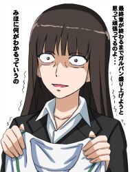 1girl black_jacket brown_hair formal_clothes girls_und_panzer highres jacket mature_eyes mature_female nishizumi_shiho omachi_(slabco) ooarai_school_uniform school_uniform solo solo_focus straight_hair trembling