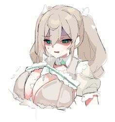 1girl aia_amare_(4th_costume) aqua_eyes blank_censor blush breasts censored commentary cum cum_on_body cum_on_breasts cum_on_upper_body english_commentary facial hair_between_eyes highres long_hair mewraii motion_lines nijisanji nijisanji_en paizuri penis shaded_face simple_background sketch sweatdrop twintails virtual_youtuber white_background