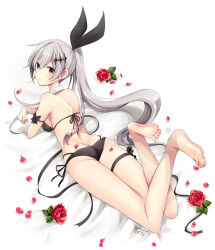 1girl absurdres ass back bare_arms bare_legs bare_shoulders barefoot bikini black_bikini black_ribbon blush bow breasts brown_eyes butt_crack earrings feet_up female_focus five-seven_(cruise_queen)_(girls&#039;_frontline) five-seven_(girls&#039;_frontline) flower flower_earrings girls&#039;_frontline hair_ornament hair_ribbon highres hiroichi jewelry large_breasts long_hair looking_at_viewer lying multi-strapped_bikini official_alternate_costume on_stomach open_mouth ponytail red_flower red_rose ribbon rose shoulder_blades side-tie_bikini_bottom sidelocks signature silver_hair skindentation solo swimsuit very_long_hair