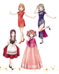 4girls ahoge aqua_eyes artbook blue_eyes braid china_dress chinese_clothes dirndl dress earrings full_body german_clothes grey_hair hair_ornament high_heels highres jewelry kurosawa_ruby long_hair long_skirt looking_at_viewer love_live! love_live!_sunshine!! multiple_girls non-web_source official_art one_eye_closed open_mouth orange_hair pumps red_dress red_eyes red_hair sakurauchi_riko salute short_hair short_sleeves simple_background skirt smile standing standing_on_one_leg takami_chika twintails two_side_up watanabe_you white_background yellow_eyes