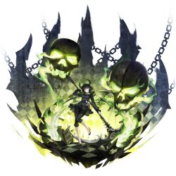 1girl absurdres azur_lane black_dress black_hair black_leggings black_pants black_rock_shooter breasts capri_pants chain checkered_floor choker crossover curly_hair dead_master dress fire full_body glowing glowing_eyes green_eyes green_fire head_tilt high_heels highres holding holding_behind_back holding_scythe holding_weapon holding_weapon_behind_back horns leggings long_hair long_sleeves medium_breasts non-web_source official_art pants scythe skull smile solo standing transparent_background two-handed weapon wings