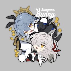 Rule 34 | 2boys, animal ear hairband, animal ears, black gloves, black jacket, black pants, black shirt, chibi, chibi only, fake animal ears, full body, gloves, grey background, grey hair, hair between eyes, hair over one eye, hairband, head wings, honkai: star rail, honkai (series), jacket, jing yuan, long hair, looking at another, male focus, medium hair, mole, mole under eye, multiple boys, official alternate costume, open mouth, pants, ponytail, rabbit ear hairband, rabbit ears, rabbit tail, shirt, simple background, smile, sos13825406402, sunday (honkai: star rail), sunday (star rail live 2025) (honkai: star rail), sweatdrop, tail, vest, white pants, white vest, white wings, wings