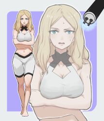1girl absurdres barefoot blonde_hair blue_eyes bra disgust female_focus highres isshou_senkin long_hair looking_at_viewer navel open_mouth purple_background shorts solo sports_bra stun_baton sweat underwear watanabe_karen white_background white_bra white_shorts