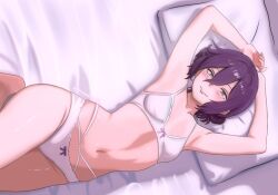 1girl absurdres bra breasts chainsaw_man closed_mouth green_eyes hair_between_eyes highres looking_at_viewer lying mothdropcrowla navel on_back panties pillow purple_hair reze_(chainsaw_man) small_breasts smile solo underwear white_bra white_panties