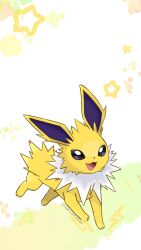 Rule 34 | animal focus, animal hands, black eyes, electricity, full body, gen 1 pokemon, highres, jolteon, looking at viewer, neck fur, nintendo, no humans, open mouth, pokemon, pokemon (creature), saki pokeoekaki, simple background, solo, standing, white background, white fur, yellow fur