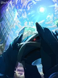Rule 34 | 1other, absurdres, artist name, blue skin, bo (bouillustration), building, cityscape, cloud, colored skin, cross, from below, gen 3 pokemon, highres, metagross, nintendo, pokemon, pokemon (creature), red eyes, shadow, skyscraper, solo, sun, tagme, x