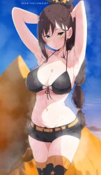 1girl absurdres armpits arms_up artist_name bare_shoulders belt bikini bikini_top_only black_boots black_shorts blue_sky blush boots breasts brown_hair cedric_(gear_art) cleavage collarbone commentary cowboy_shot day desert english_commentary front-tie_bikini_top front-tie_top green_eyes groin hair_ribbon high_ponytail highres large_breasts long_hair looking_at_viewer multi-tied_hair navel orange_belt orange_thighhighs parted_lips ponytail presenting_armpit re:zero_kara_hajimeru_isekai_seikatsu ribbon shaula_(re:zero) short_shorts shorts sky solo standing stomach sweat swimsuit thigh_boots thighhighs