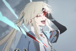 1boy absurdres annlin black_gloves blonde_hair blood blood_on_face chinese_clothes closed_eyes fingerless_gloves gloves highres honkai:_star_rail honkai_(series) long_hair male_focus open_mouth shirt solo sword upper_body weapon white_shirt yanqing_(honkai:_star_rail)