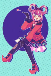 Rule 34 | 1girl, ;d, black pantyhose, blunt bangs, bow, facial mark, fire emblem, fire emblem engage, folded twintails, fur wrist cuffs, hair flaps, hair rings, heart, heart facial mark, high heels, highres, hortensia (fire emblem), jacket, looking at viewer, mokiki (mokadevs), nintendo, one eye closed, open mouth, pantyhose, pink jacket, polka dot, polka dot bow, smile, solo, wink heart, wrist cuffs