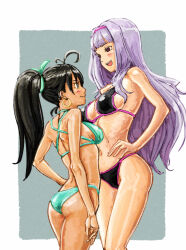 2girls antenna_hair ass bare_arms bikini black_bikini black_hair breasts closed_mouth face-to-face ganaha_hibiki green_bikini grey_hair hairband hand_on_own_hip height_difference highres idolmaster idolmaster_(classic) long_hair looking_at_another multiple_girls navel ooeyama_ken open_mouth pink_hairband ponytail purple_eyes shijou_takane standing string_bikini swimsuit