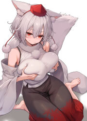 Rule 34 | 1girl, :3, animal ear fluff, animal ears, bare shoulders, barefoot, black skirt, blush, breasts, breasts squeezed together, closed mouth, deep skin, detached sleeves, grabbing own breast, grey eyes, hair between eyes, hat, head tilt, huge breasts, inubashiri momiji, large breasts, leaf print, looking at viewer, maple leaf print, mikan (manmarumikan), on floor, pom pom (clothes), red eyes, red skirt, shirt, short hair, simple background, sitting, skirt, sleeveless, sleeveless shirt, solo, sweatdrop, tail, tokin hat, touhou, turtleneck, two-tone skirt, wariza, white background, wide sleeves, wolf ears, wolf girl, wolf tail